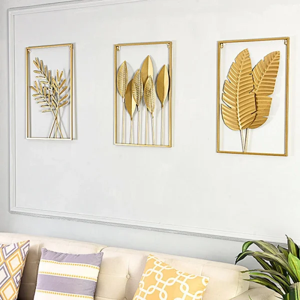 dropshipping interior 3d luxury hanging gold leaves home art framed metal wall decor for living room 2025 wholesale decorative