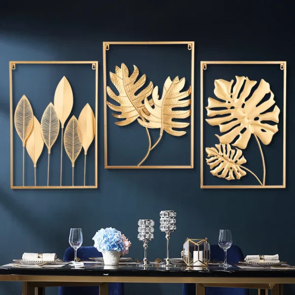 dropshipping interior 3d luxury hanging gold leaves home art framed metal wall decor for living room 2025 wholesale decorative